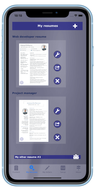 Main screen of the resume builder Giga-cv app allowing you to create a professional resume by highlighting your skills and experience.